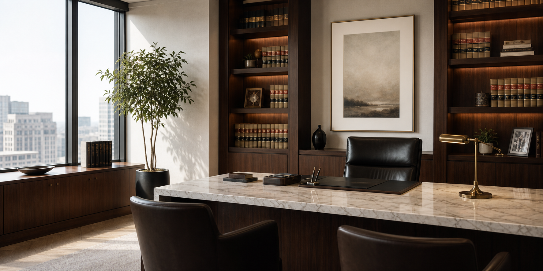 Studio legale elegante con biblioteca e scrivania in marmo